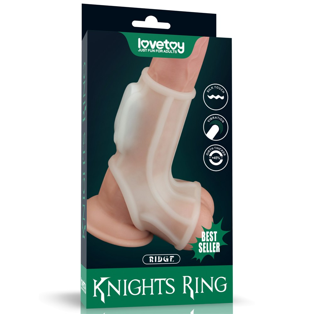 VIBRATING RIDGE KNIGHTS RING WITH SCROTUM SLEEVE (WHITE)