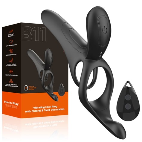 WIBRUJĄCY PIERŚCIEŃ EREKCYJNY ZE STYMULATOREM KROCZA I STYMULACJĄ ŁECHTACZKI EROSPACE MEN’S PLAY B11