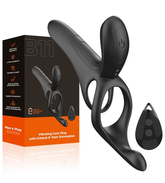 WIBRUJĄCY PIERŚCIEŃ EREKCYJNY ZE STYMULATOREM KROCZA I STYMULACJĄ ŁECHTACZKI EROSPACE MEN’S PLAY B11